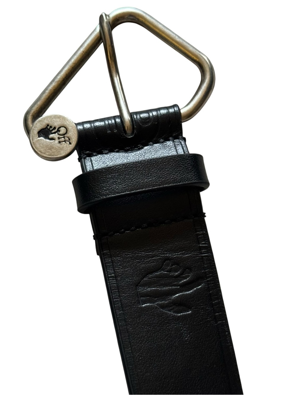 Off-White Black Leather Belt with Aged Silver Triangle Buckle and Logo Disc